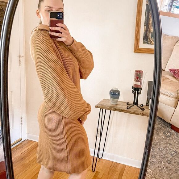 Staud Kirby Ribbed Sweater Dress Midi Camel - Picture 2 of 9